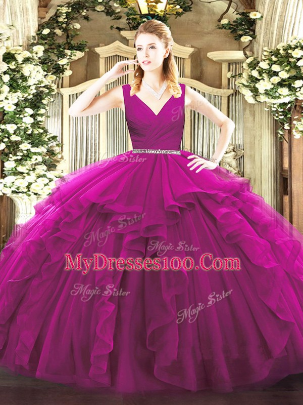Charming Fuchsia Ball Gowns Beading and Ruffles Sweet 16 Dress Zipper Tulle Sleeveless Floor Length