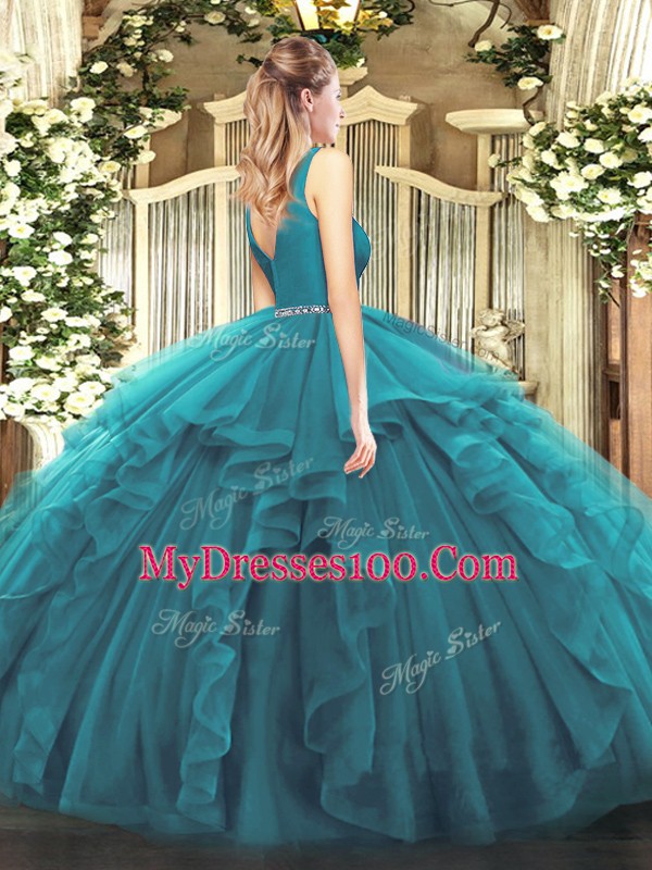 Charming Fuchsia Ball Gowns Beading and Ruffles Sweet 16 Dress Zipper Tulle Sleeveless Floor Length