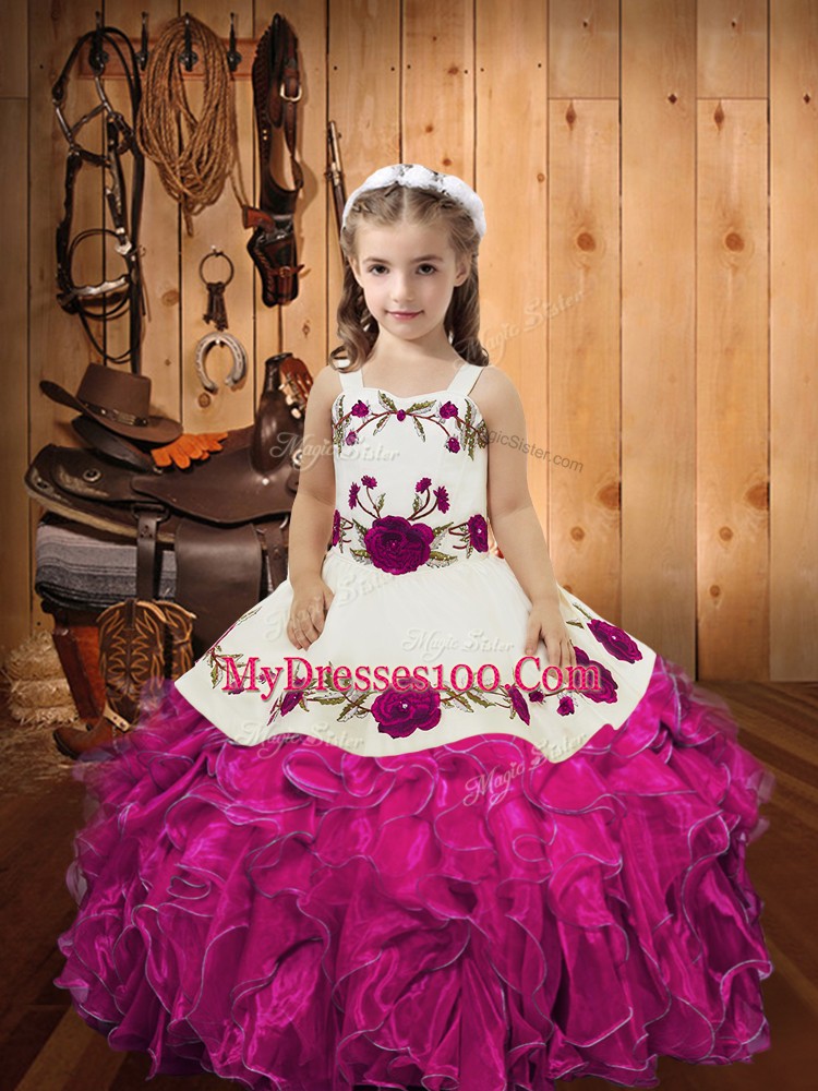 Elegant Fuchsia Sleeveless Embroidery and Ruffles Floor Length Pageant Dress Womens