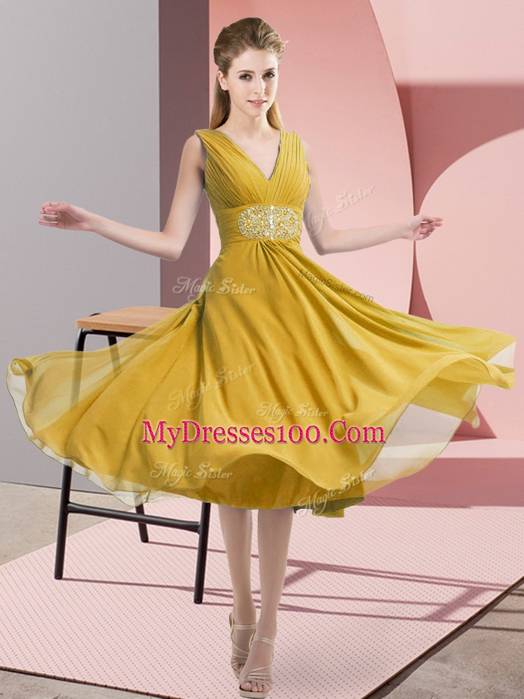 V-neck Sleeveless Bridesmaid Dress Knee Length Beading Gold Chiffon
