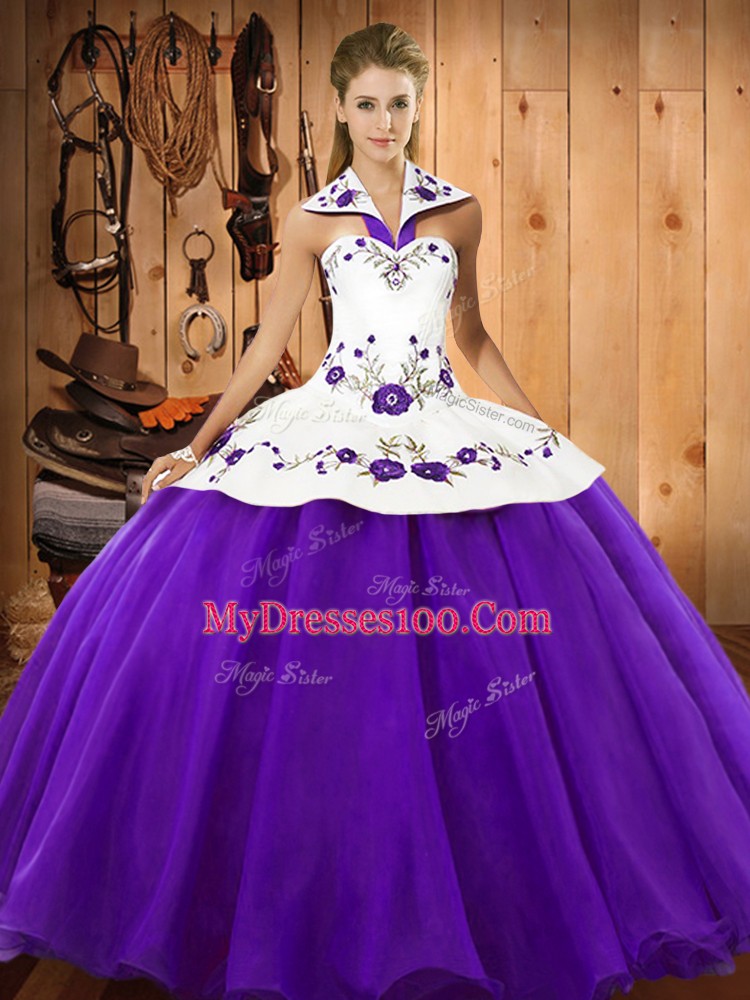 Beautiful Purple Ball Gown Prom Dress Military Ball and Sweet 16 and Quinceanera with Embroidery Halter Top Sleeveless Lace Up