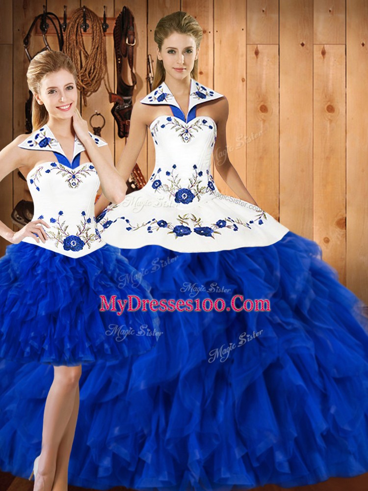 Attractive Blue And White Lace Up Quinceanera Gowns Embroidery Sleeveless Floor Length
