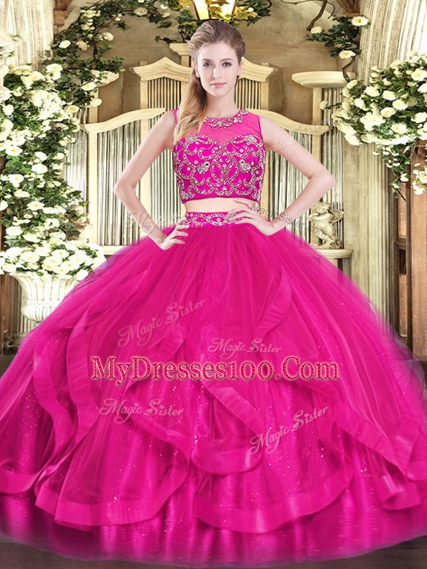 Tulle Scoop Sleeveless Zipper Beading and Ruffles Quinceanera Gowns in Hot Pink