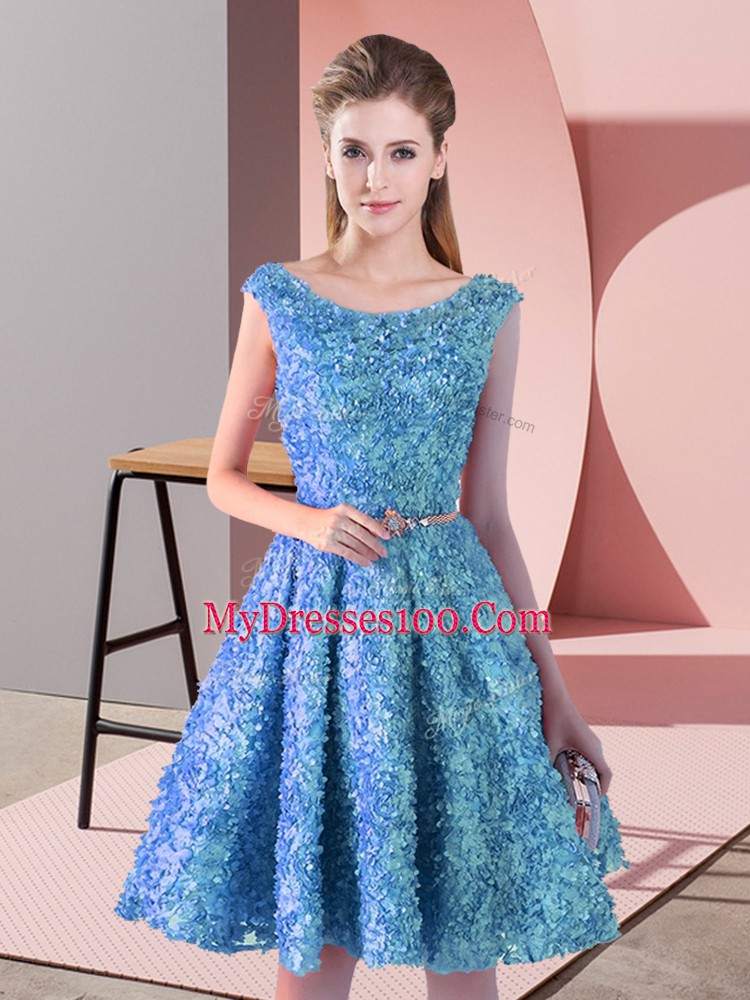 High Class Baby Blue A-line Lace Scoop Sleeveless Belt Knee Length Lace Up Prom Party Dress