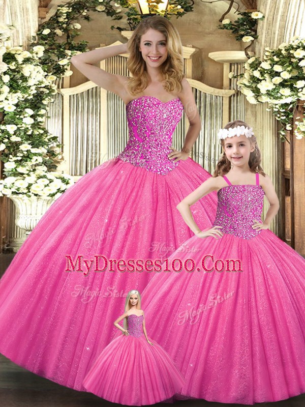 Simple Floor Length Hot Pink 15th Birthday Dress Tulle Sleeveless Beading