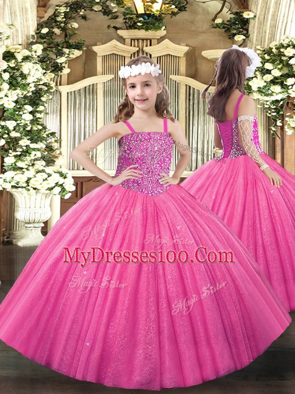 Simple Floor Length Hot Pink 15th Birthday Dress Tulle Sleeveless Beading