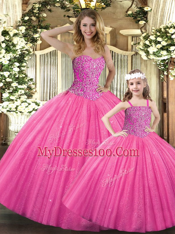 Simple Floor Length Hot Pink 15th Birthday Dress Tulle Sleeveless Beading