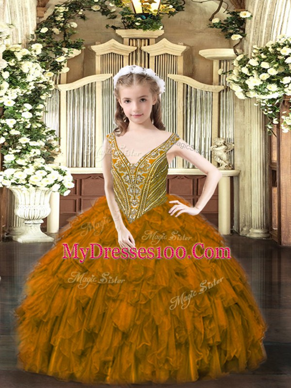 Great Organza Sleeveless Floor Length Girls Pageant Dresses and Beading and Ruffles