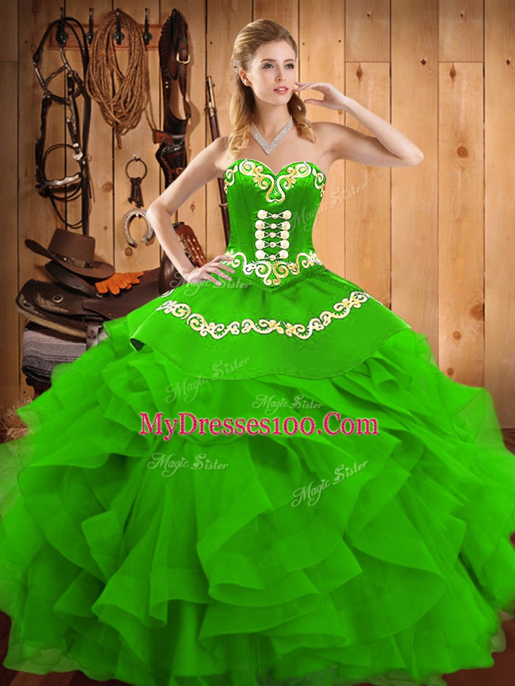 Sleeveless Floor Length Embroidery and Ruffles Lace Up 15th Birthday Dress with Green