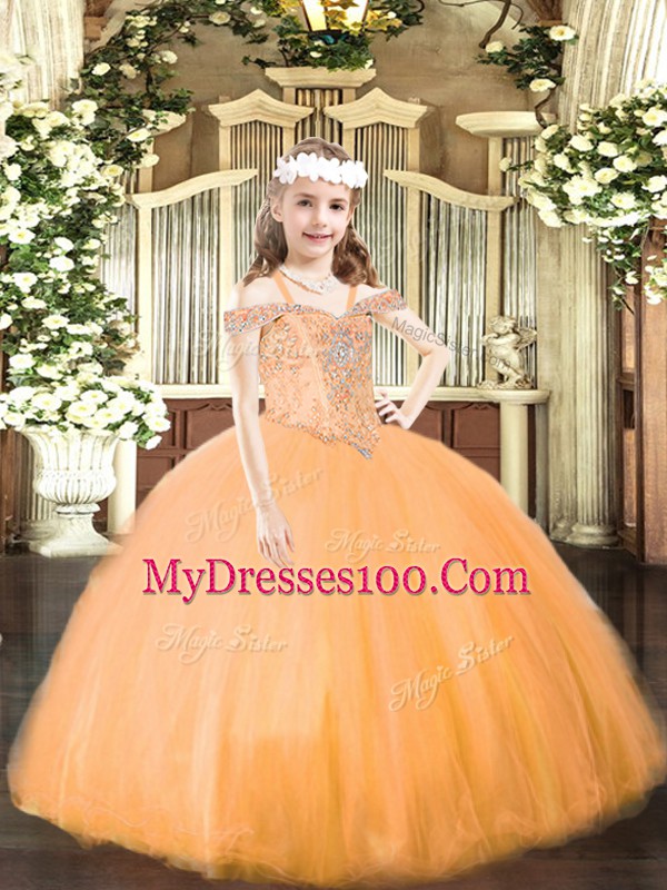 Gorgeous Sleeveless Floor Length Beading Lace Up Pageant Dress for Girls with Orange