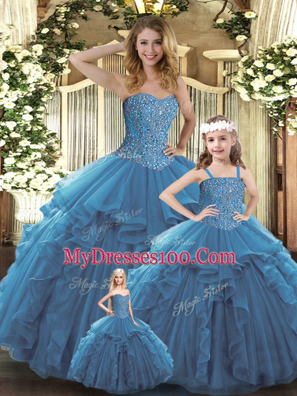 Free and Easy Sleeveless Beading and Ruffles Lace Up Quinceanera Gown