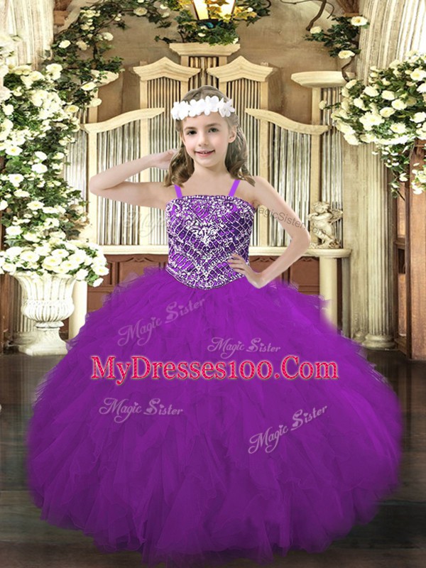 Floor Length Purple Kids Pageant Dress Tulle Sleeveless Beading and Ruffles