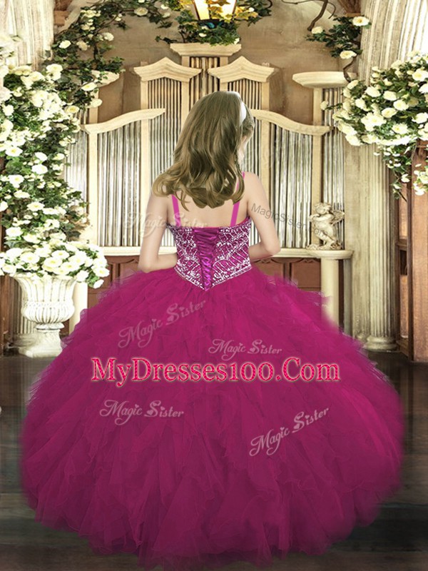 Floor Length Purple Kids Pageant Dress Tulle Sleeveless Beading and Ruffles