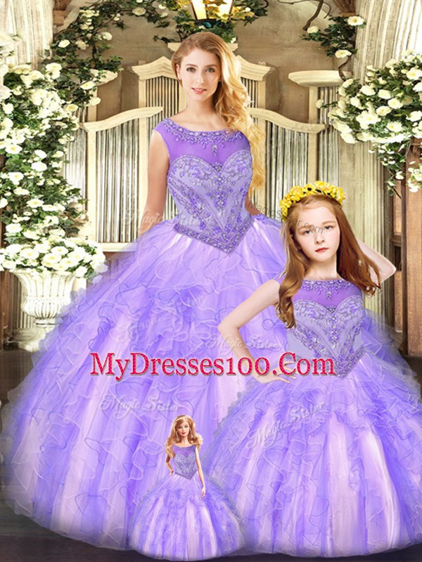 Exquisite Ball Gowns Vestidos de Quinceanera Lavender Scoop Organza Sleeveless Floor Length Lace Up