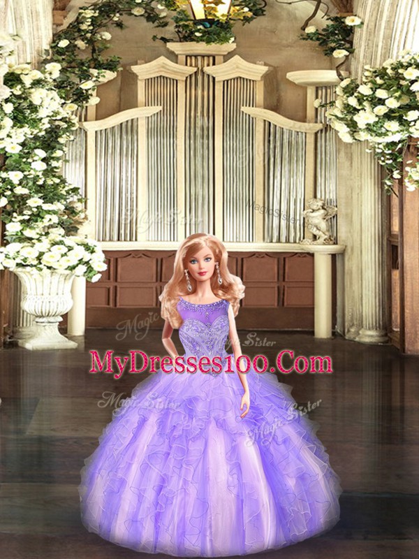 Exquisite Ball Gowns Vestidos de Quinceanera Lavender Scoop Organza Sleeveless Floor Length Lace Up