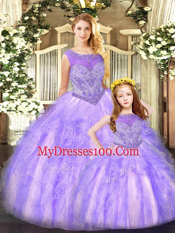 Exquisite Ball Gowns Vestidos de Quinceanera Lavender Scoop Organza Sleeveless Floor Length Lace Up