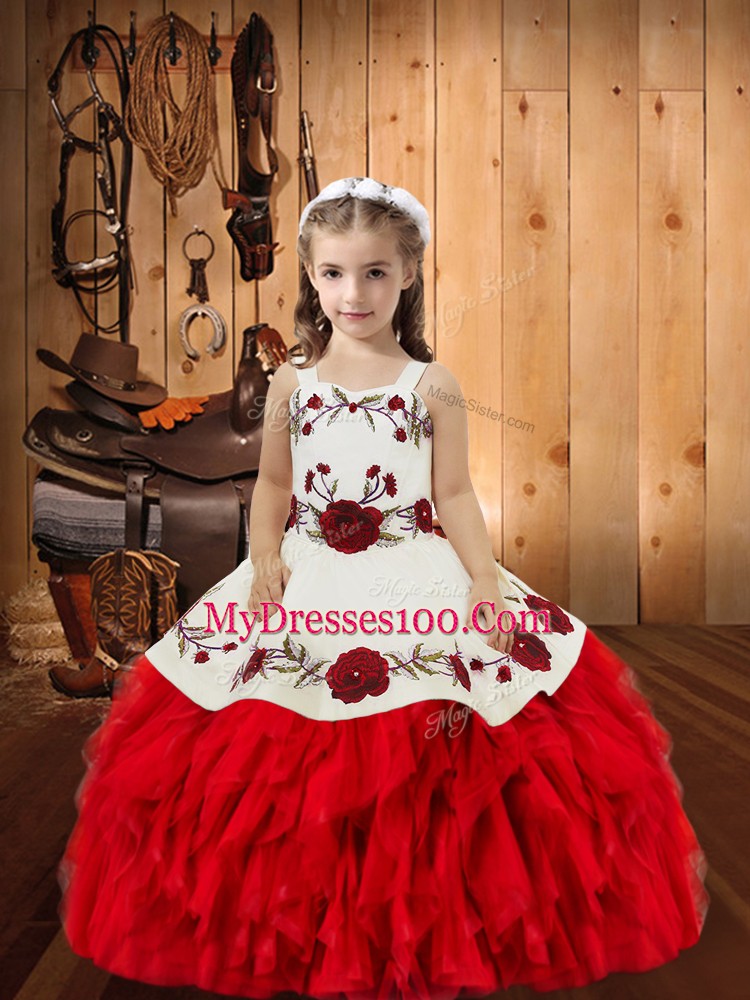 Floor Length Red Little Girl Pageant Dress Organza Sleeveless Embroidery and Ruffles