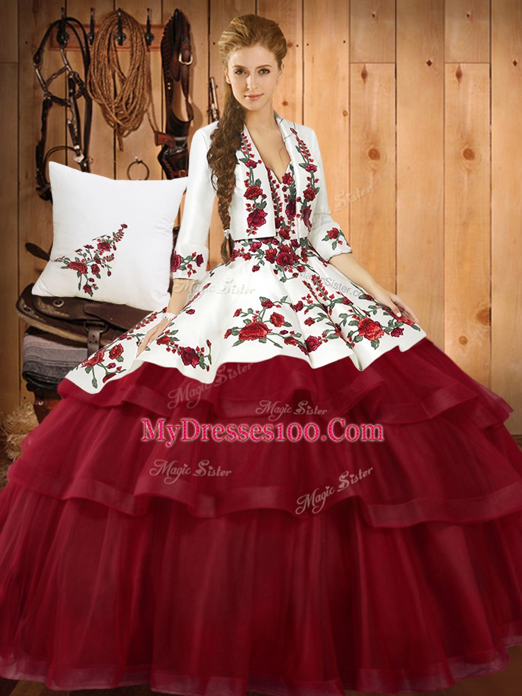 Stunning Wine Red Lace Up Vestidos de Quinceanera Embroidery Sleeveless Sweep Train