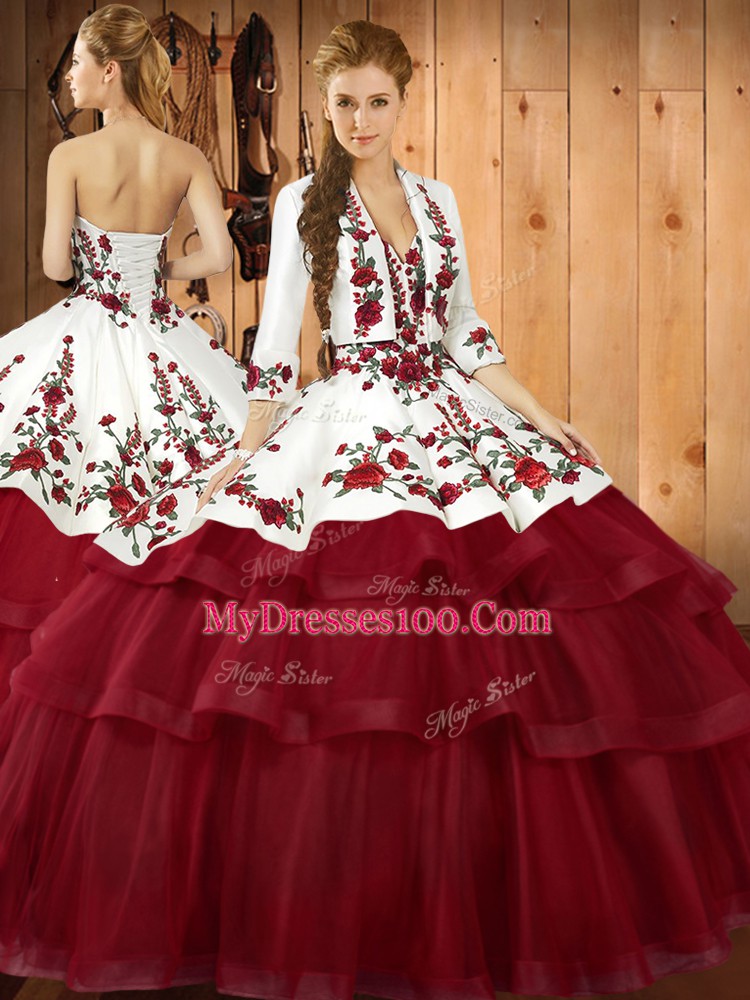 Stunning Wine Red Lace Up Vestidos de Quinceanera Embroidery Sleeveless Sweep Train