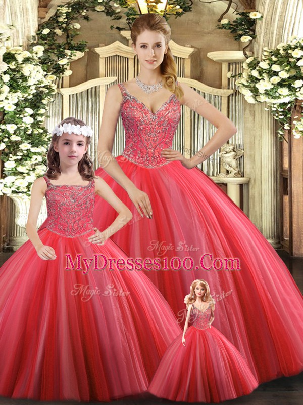 Classical Coral Red Straps Neckline Beading Sweet 16 Dress Sleeveless Lace Up