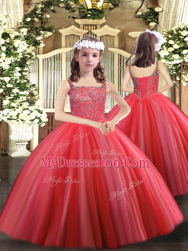 Classical Coral Red Straps Neckline Beading Sweet 16 Dress Sleeveless Lace Up