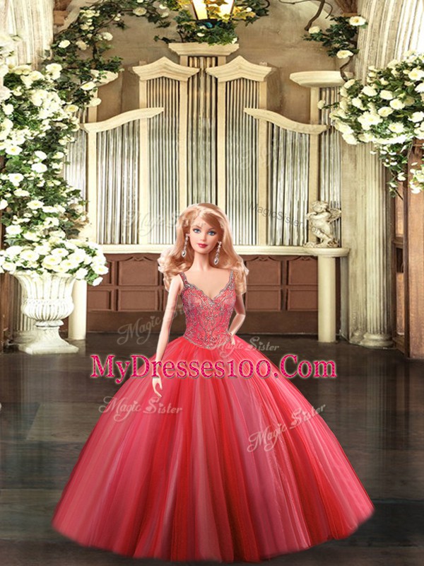 Classical Coral Red Straps Neckline Beading Sweet 16 Dress Sleeveless Lace Up