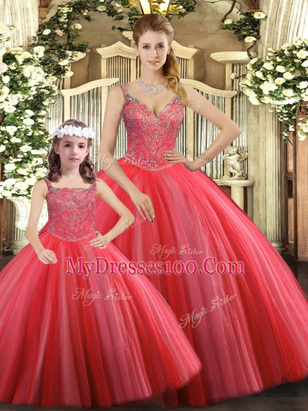 Classical Coral Red Straps Neckline Beading Sweet 16 Dress Sleeveless Lace Up