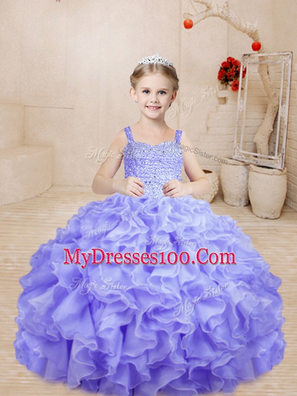 Beading and Ruffles Kids Pageant Dress Lavender Lace Up Sleeveless Floor Length