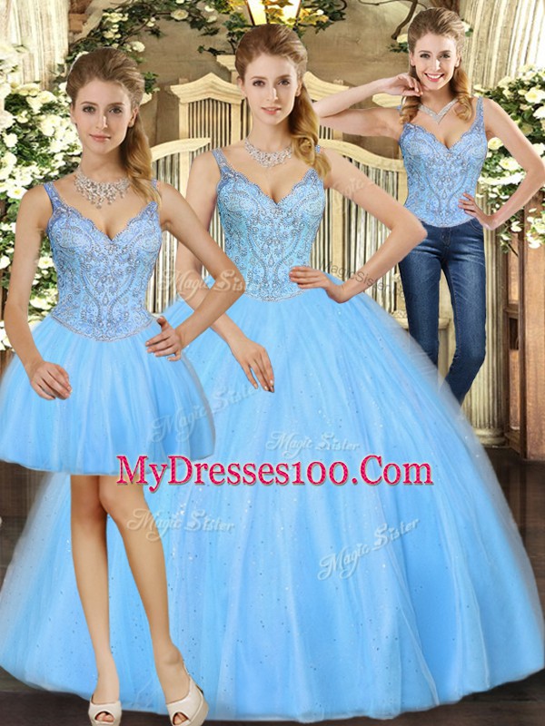 Amazing Straps Sleeveless Sweet 16 Dress Floor Length Beading Baby Blue Tulle