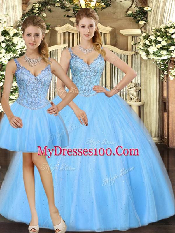 Amazing Straps Sleeveless Sweet 16 Dress Floor Length Beading Baby Blue Tulle