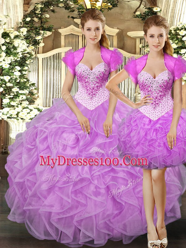 Beautiful Lilac Ball Gowns Straps Sleeveless Tulle Floor Length Lace Up Beading and Ruffles Quince Ball Gowns