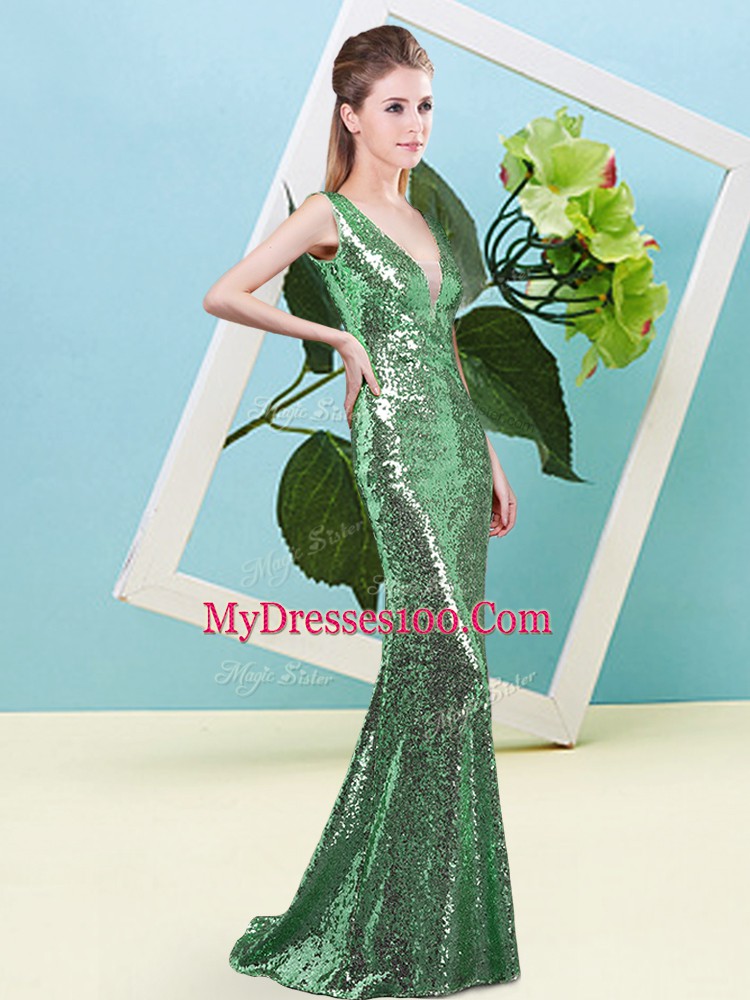 High Quality Green V-neck Neckline Sequins Prom Gown Sleeveless Zipper