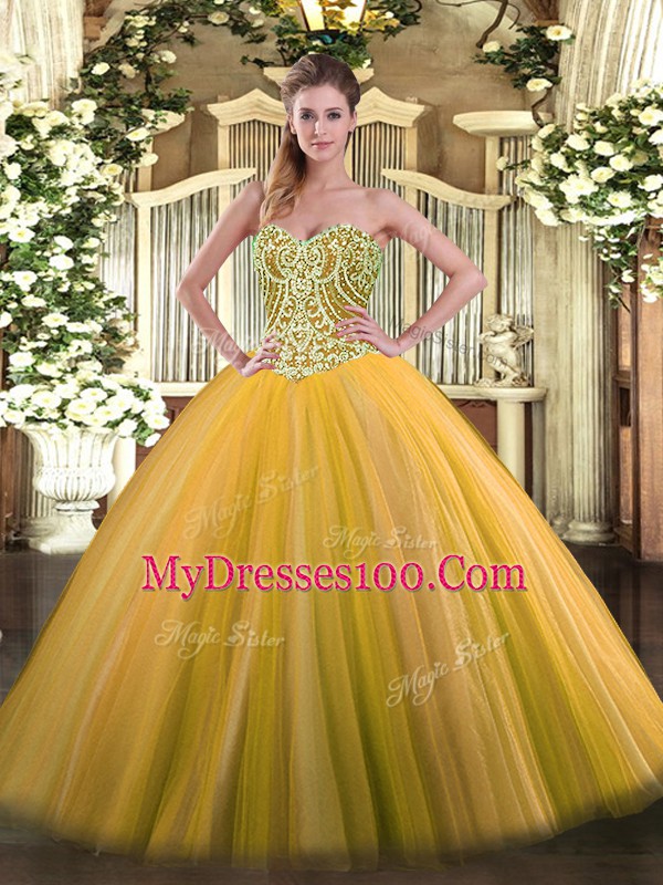 Floor Length Gold Quinceanera Gowns Tulle Sleeveless Beading