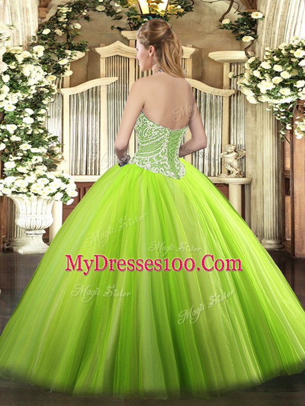 Floor Length Gold Quinceanera Gowns Tulle Sleeveless Beading