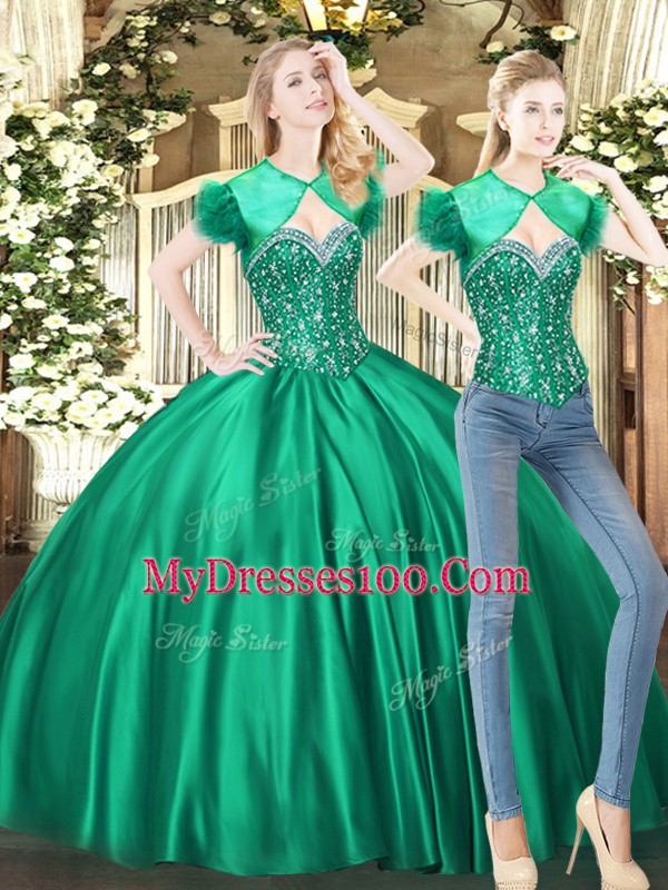 Green Ball Gowns Sweetheart Sleeveless Tulle Floor Length Lace Up Beading Quinceanera Gown
