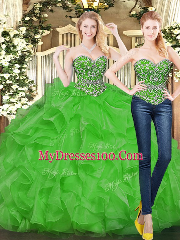 Green Sleeveless Floor Length Beading and Ruffles Lace Up Quinceanera Dresses