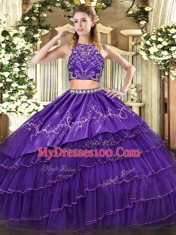 Discount Tulle High-neck Sleeveless Zipper Beading and Embroidery and Ruffled Layers Sweet 16 Dress in Purple