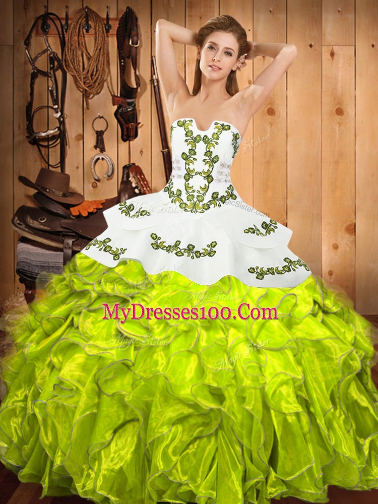 Cheap Yellow Green Sleeveless Floor Length Embroidery and Ruffles Lace Up Vestidos de Quinceanera