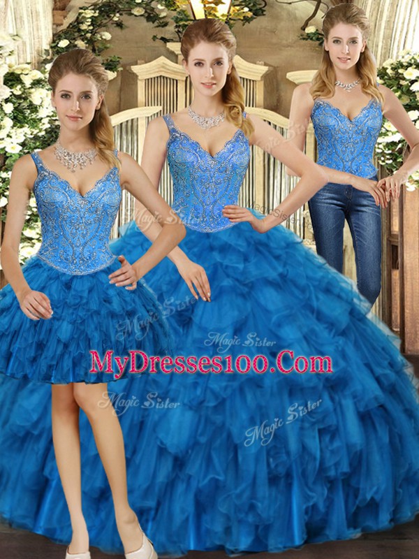 New Style Straps Sleeveless Sweet 16 Dresses Floor Length Beading and Ruffles Teal Organza