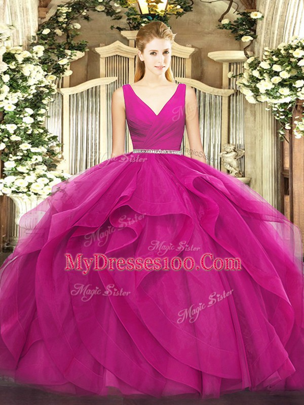 V-neck Sleeveless Tulle Sweet 16 Quinceanera Dress Beading and Ruffles Zipper