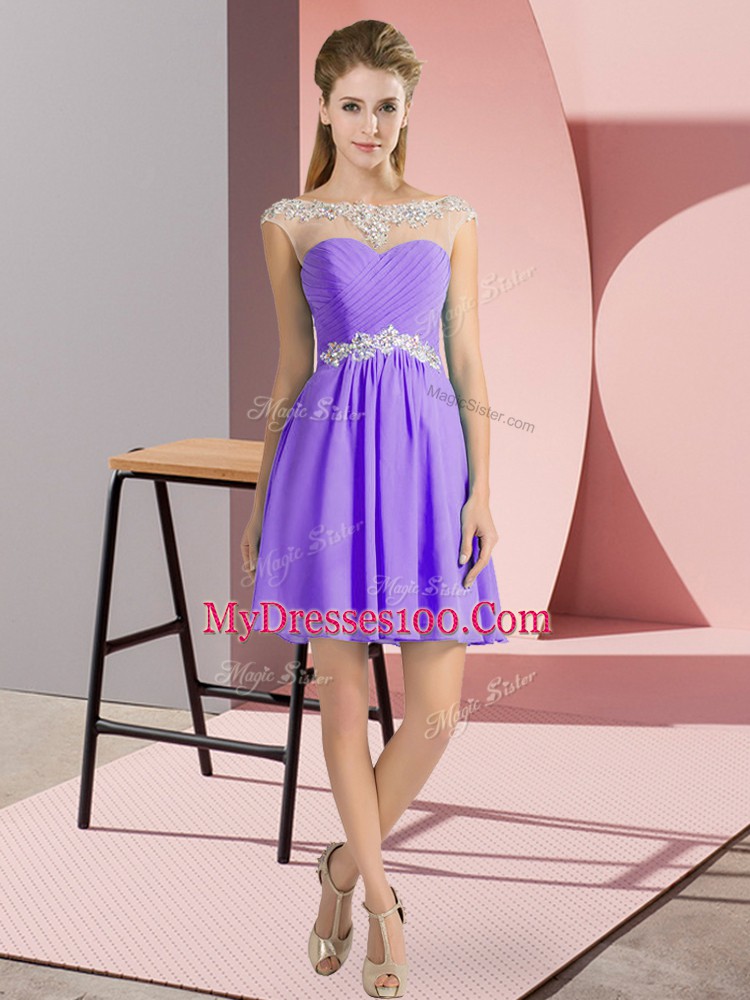 Dazzling Lavender Cap Sleeves Chiffon Lace Up Prom Evening Gown for Prom and Party