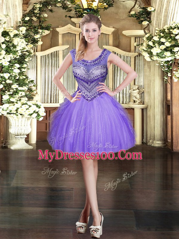 Exceptional Lavender Tulle Zipper Scoop Sleeveless Mini Length Beading and Ruffles