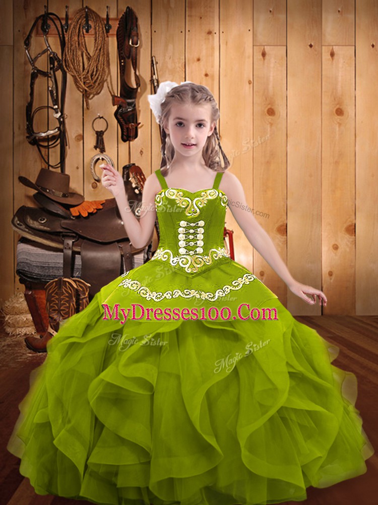 Sweet Ball Gowns Little Girls Pageant Gowns Olive Green Straps Organza Sleeveless Floor Length Lace Up
