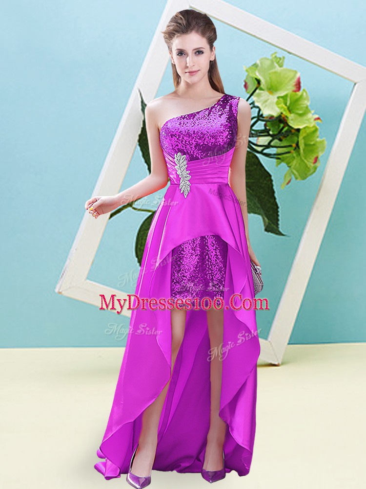 Comfortable Elastic Woven Satin and Sequined Sleeveless High Low Military Ball Gown and Beading and Sequins