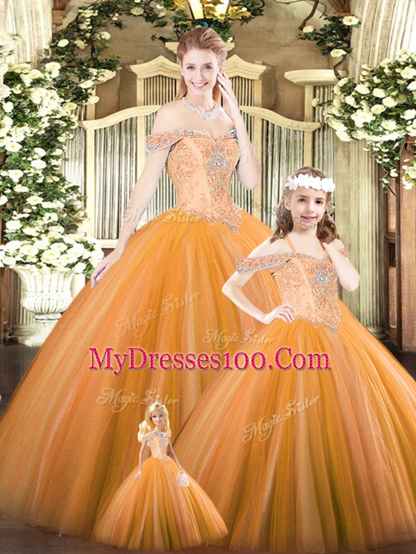 Fashion Orange Tulle Lace Up Quinceanera Dresses Sleeveless Floor Length Beading