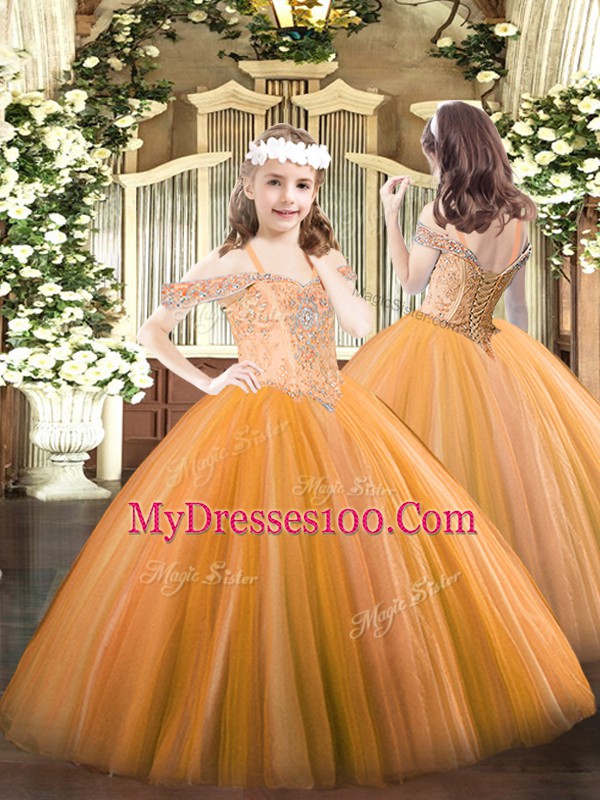 Fashion Orange Tulle Lace Up Quinceanera Dresses Sleeveless Floor Length Beading