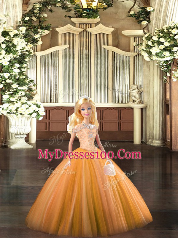 Fashion Orange Tulle Lace Up Quinceanera Dresses Sleeveless Floor Length Beading