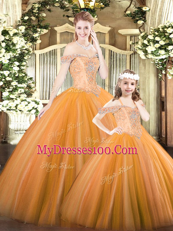 Fashion Orange Tulle Lace Up Quinceanera Dresses Sleeveless Floor Length Beading