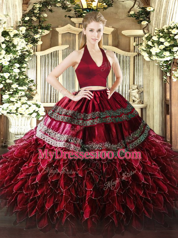 Wine Red Sleeveless Appliques and Ruffles Floor Length Quinceanera Gowns