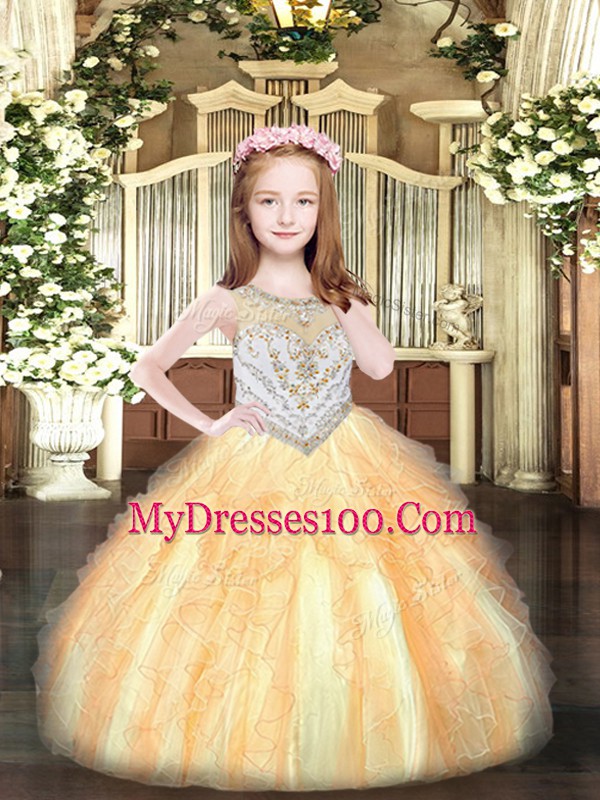 Gold Organza Zipper Scoop Sleeveless Floor Length Kids Formal Wear Beading and Ruffles